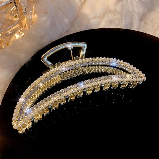 Picture of Elegant Hair Claw Clips Clamps Gold Plated Half Round Clear Rhinestone Imitation Pearl 11cm, 1 Piece