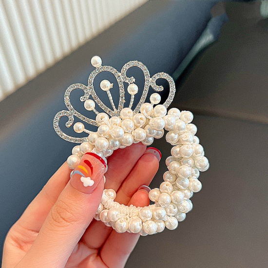 Picture of Acrylic Cute Ponytail Holder Hair Ties Band Scrunchies White Crown Imitation Pearl Clear Rhinestone 5cm Dia., 1 Piece
