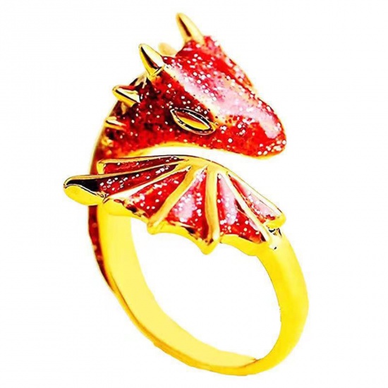 Picture of Gothic Open Adjustable Wrap Rings Gold Plated Red Enamel Dragon 1 Piece