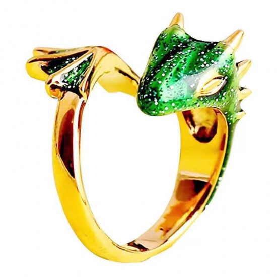 Picture of Gothic Open Adjustable Wrap Rings Gold Plated Grass Green Enamel Dragon 1 Piece