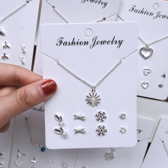 Picture of Exquisite Jewelry Necklace Stud Earring Set Silver Tone Christmas Snowflake Clear Rhinestone Imitation Pearl 40cm(15 6/8") long, 8mm x 8mm, 1 Set