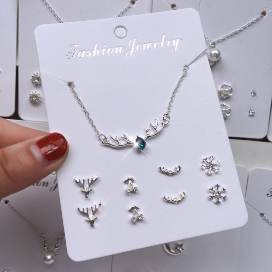 Picture of Exquisite Jewelry Necklace Stud Earring Set Silver Tone Deer Animal Snowflake Blue Rhinestone 40cm(15 6/8") long, 8mm x 8mm, 1 Set