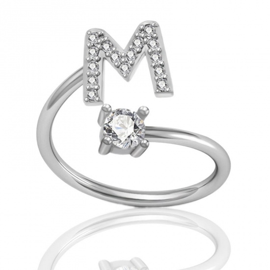 Picture of Simple Open Adjustable Rings Silver Tone Capital Alphabet/ Letter Message " M " Clear Rhinestone 18mm(US Size 7.75), 1 Piece
