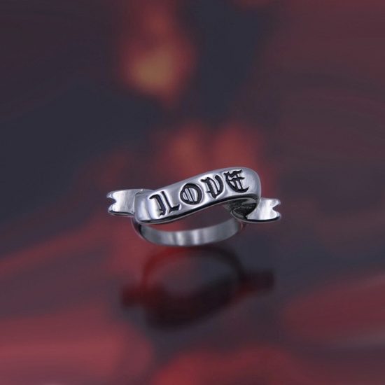 Picture of Punk Gothic Unadjustable Rings Antique Silver Color Message " LOVE " 17.3mm(US Size 7), 1 Piece