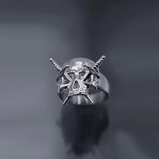Picture of Punk Gothic Unadjustable Rings Antique Silver Color Sword Skull 17.3mm(US Size 7), 1 Piece