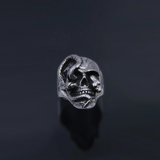 Picture of Punk Gothic Unadjustable Rings Antique Silver Color Skull 17.3mm(US Size 7), 1 Piece