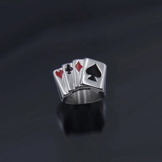 Picture of Punk Gothic Unadjustable Rings Antique Silver Color Poker Card 17.3mm(US Size 7), 1 Piece