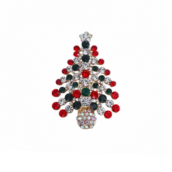 Picture of Exquisite Pin Brooches Christmas Tree Gold Plated Enamel Multicolor Rhinestone 5.9cm x 4.1cm, 1 Piece