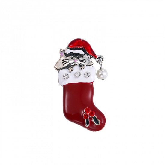Picture of Exquisite Pin Brooches Christmas Stocking Silver Tone Enamel Clear Rhinestone 5cm x 2.8cm, 1 Piece