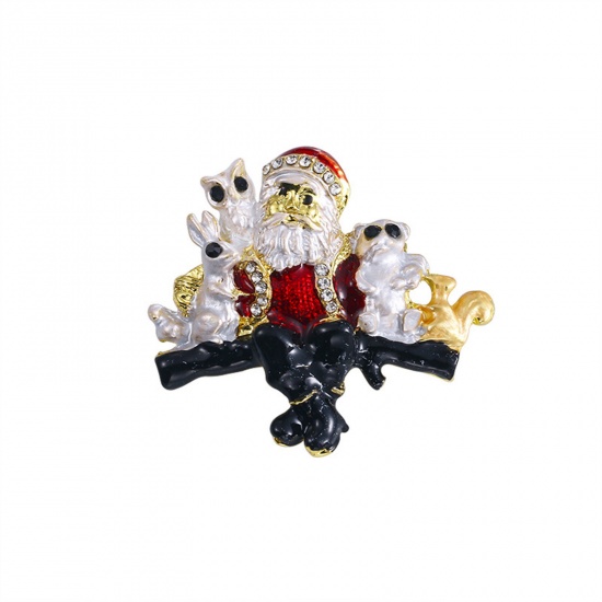 Picture of Exquisite Pin Brooches Christmas Santa Claus Rabbit Gold Plated Multicolor Enamel Clear Rhinestone 4.7cm x 4.2cm, 1 Piece