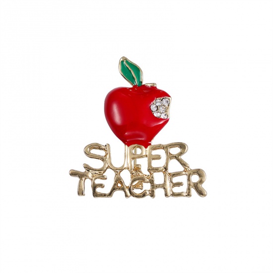 Picture of Exquisite Pin Brooches Christmas Apple Fruit Message " Super Teacher " Gold Plated Red Enamel Clear Rhinestone 4.3cm x 4cm, 1 Piece