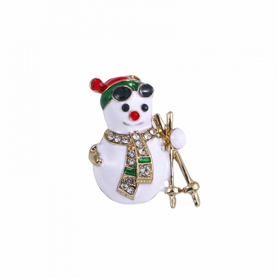 Picture of Exquisite Pin Brooches Christmas Snowman Gold Plated Enamel Clear Rhinestone 3cm x 2.3cm, 1 Piece