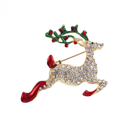 Picture of Exquisite Pin Brooches Christmas Reindeer Gold Plated Enamel Multicolor Rhinestone 4.7cm x 4cm, 1 Piece