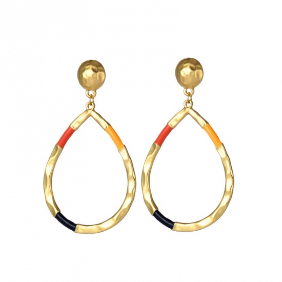 Picture of Retro Hoop Earrings Gold Plated Multicolor Enamel Drop 6.4cm x 3.1cm, 1 Pair