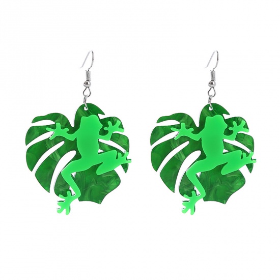 Picture of Acrylic Halloween Ear Wire Hook Earrings Silver Tone Green Palm Frond Frog 4.5cm x 3cm, 1 Pair