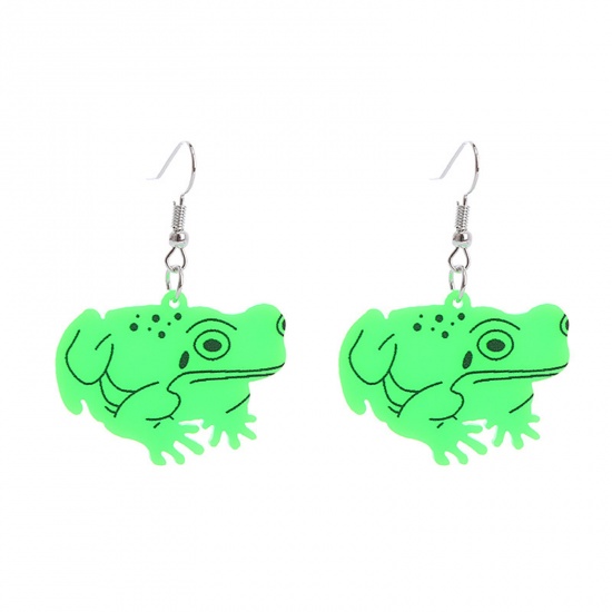 Picture of Acrylic Halloween Ear Wire Hook Earrings Silver Tone Green Frog Animal 4.5cm x 3cm, 1 Pair