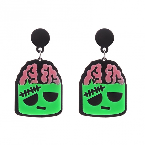 Picture of Acrylic Halloween Ear Post Stud Earrings Silver Tone Black & Green Geometric Ghost Face 6cm x 3cm, 1 Pair