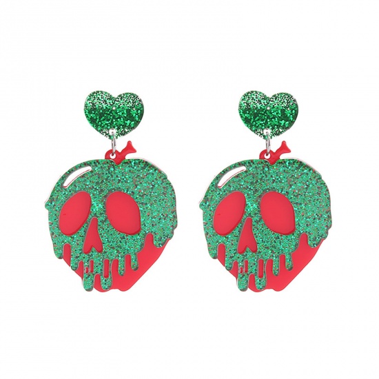 Picture of Acrylic Halloween Ear Post Stud Earrings Silver Tone Red & Green Heart Skeleton Skull 5.5cm x 3cm, 1 Pair