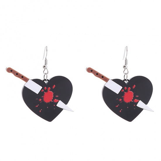 Picture of Acrylic Halloween Ear Wire Hook Earrings Silver Tone Black & Red Knife Heart 4.5cm x 4.5cm, 1 Pair