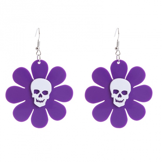 Picture of Acrylic Halloween Ear Wire Hook Earrings Silver Tone White & Purple Flower Skeleton Skull 7cm x 5cm, 1 Pair