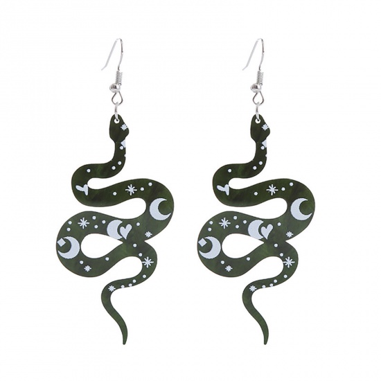 Picture of Acrylic Halloween Ear Wire Hook Earrings Silver Tone Gray Snake Animal Moon 7.5cm x 4cm, 1 Pair
