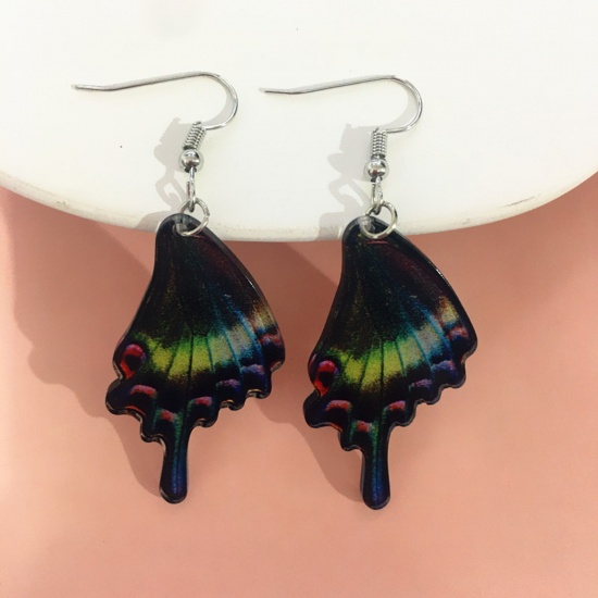 Picture of Acrylic Insect Ear Wire Hook Earrings Silver Tone Multicolor Butterfly Animal Wing 4.5cm x 2cm, 1 Pair