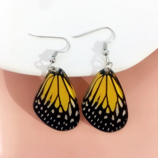 Picture of Acrylic Insect Ear Wire Hook Earrings Silver Tone Black & Yellow Butterfly Animal Wing 5cm x 3cm, 1 Pair