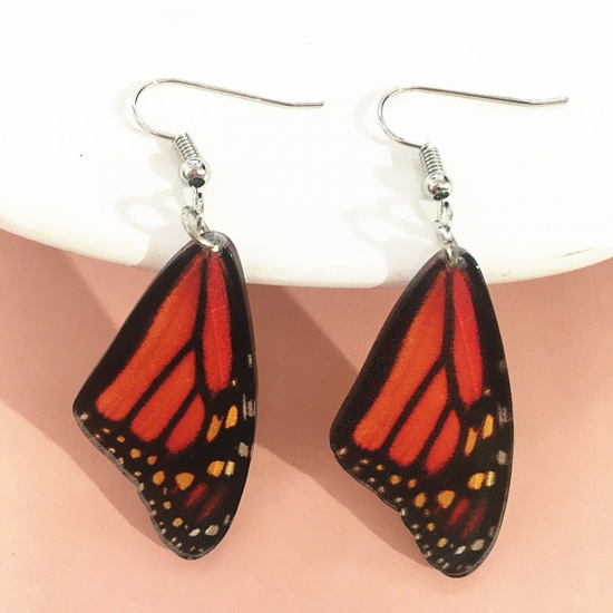 Picture of Acrylic Insect Ear Wire Hook Earrings Silver Tone Black & Orange Butterfly Animal Wing 5cm x 3cm, 1 Pair