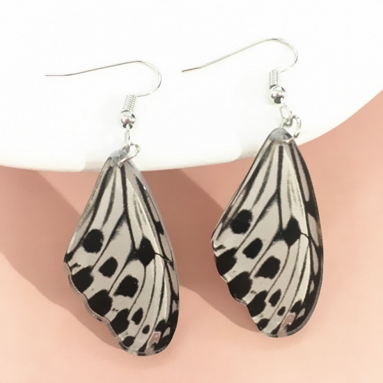 Picture of Acrylic Insect Ear Wire Hook Earrings Silver Tone Black & White Butterfly Animal Wing 5cm x 3cm, 1 Pair