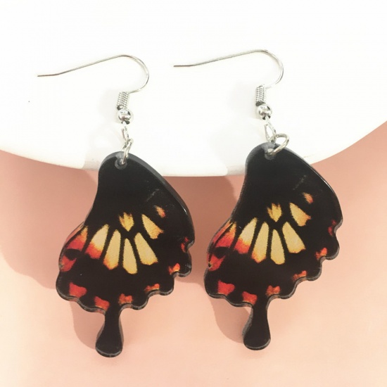 Picture of Acrylic Insect Ear Wire Hook Earrings Silver Tone Multicolor Butterfly Animal Wing 5cm x 2cm, 1 Pair