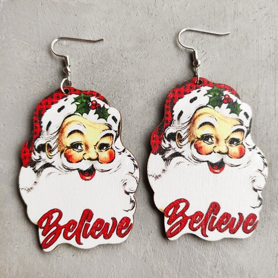 Picture of Wood Christmas Ear Wire Hook Earrings Silver Tone Multicolor Santa Claus Message " Believe " 7cm, 1 Pair