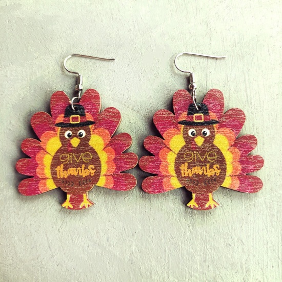 Picture of Wood Retro Ear Wire Hook Earrings Silver Tone Multicolor Thanksgiving Turkey Animal 6cm, 1 Pair