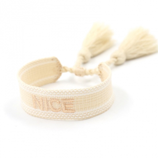 Picture of Polyester Ethnic Waved String Braided Friendship Bracelets Creamy-White Tassel Message " Nice " Adjustable 16cm - 20cm long, 1 Piece