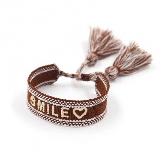 Picture of Polyester Ethnic Waved String Braided Friendship Bracelets Coffee Tassel Heart Message " SMILE " Adjustable 16cm - 20cm long, 1 Piece