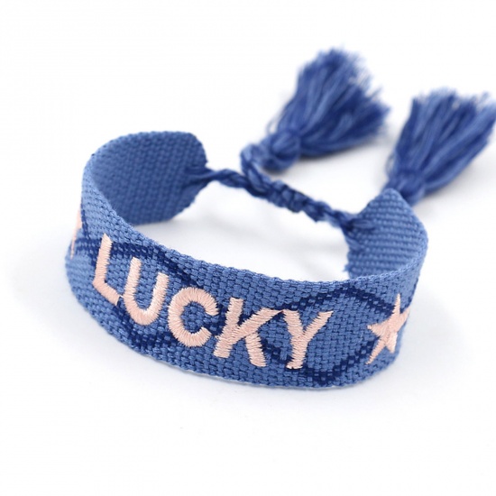 Picture of Polyester Ethnic Waved String Braided Friendship Bracelets Blue Tassel Pentagram Star Message " Lucky " Adjustable 16cm - 20cm long, 1 Piece