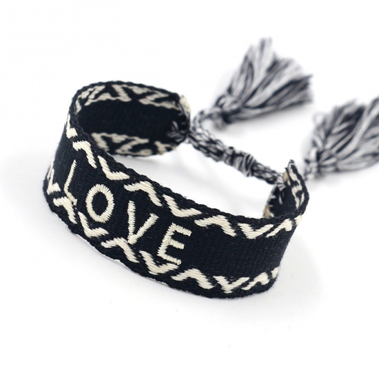 Picture of Polyester Ethnic Waved String Braided Friendship Bracelets Black Tassel Message " LOVE " Adjustable 16cm - 20cm long, 1 Piece