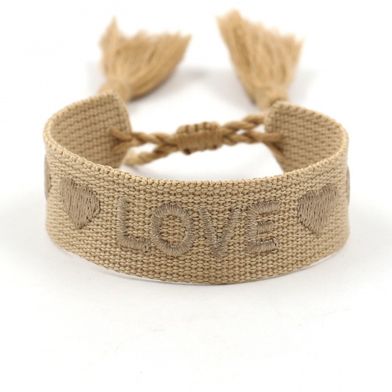 Picture of Polyester Ethnic Waved String Braided Friendship Bracelets Khaki Tassel Heart Message " LOVE " Adjustable 16cm - 20cm long, 1 Piece