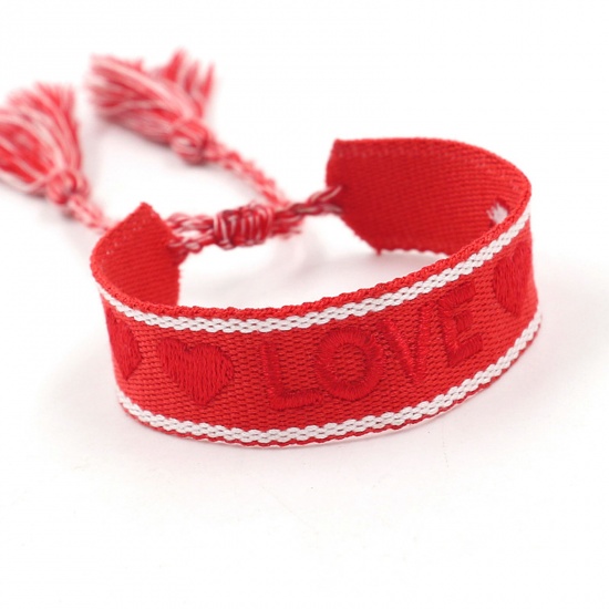 Picture of Polyester Ethnic Waved String Braided Friendship Bracelets Red Tassel Heart Message " LOVE " Adjustable 16cm - 20cm long, 1 Piece
