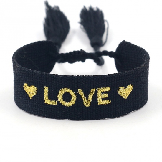 Picture of Polyester Ethnic Waved String Braided Friendship Bracelets Black Tassel Heart Message " LOVE " Adjustable 16cm - 20cm long, 1 Piece
