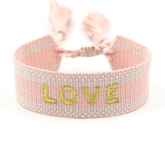 Picture of Polyester Ethnic Waved String Braided Friendship Bracelets Pink Tassel Message " LOVE " Adjustable 16cm - 20cm long, 1 Piece