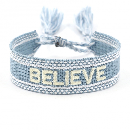 Picture of Polyester Ethnic Waved String Braided Friendship Bracelets Light Blue Tassel Message " Believe " Adjustable 16cm - 20cm long, 1 Piece