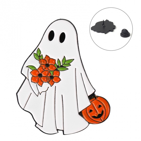 Picture of Cute Pin Brooches Halloween Ghost Multicolor Enamel 30mm x 21mm, 1 Piece