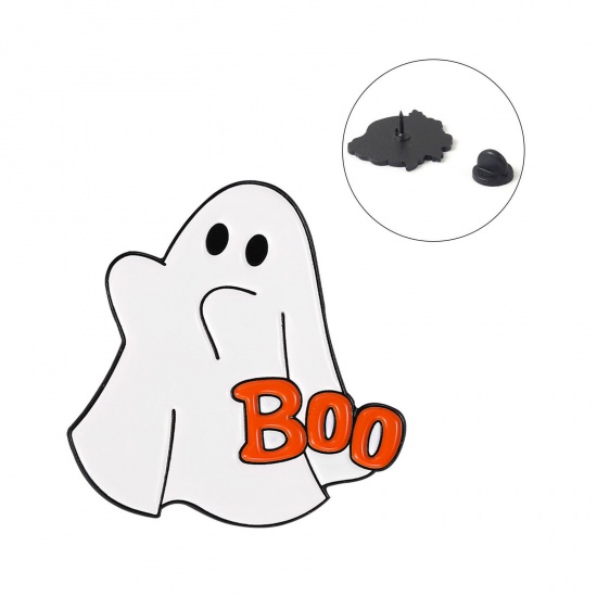 Picture of Cute Pin Brooches Halloween Ghost White & Orange Enamel 3cm x 3cm, 1 Piece
