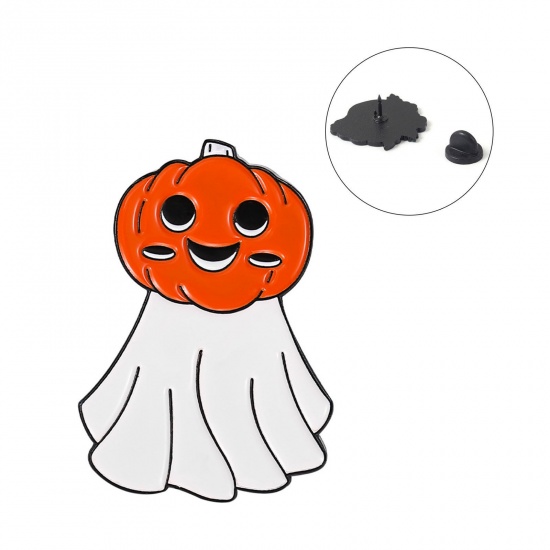 Picture of Cute Pin Brooches Halloween Pumpkin Ghost Multicolor Enamel 30mm x 21mm, 1 Piece