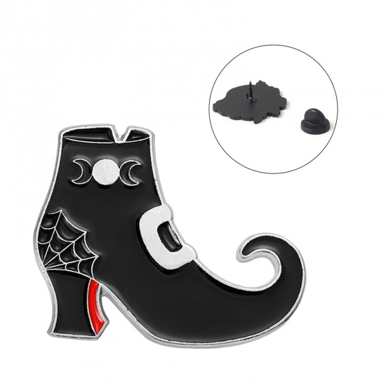 Picture of Halloween Pin Brooches High-heeled Shoes Cobweb Black & White Enamel 27mm x 22mm, 1 Piece