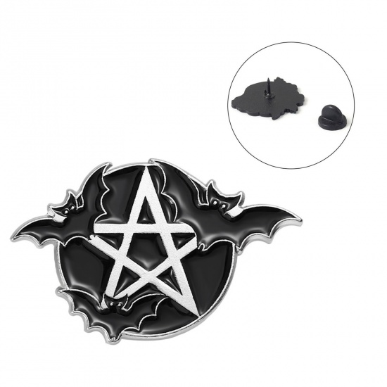 Picture of Halloween Pin Brooches Pentagram Star Bat Black & White Enamel 3cm x 1.9cm, 1 Piece