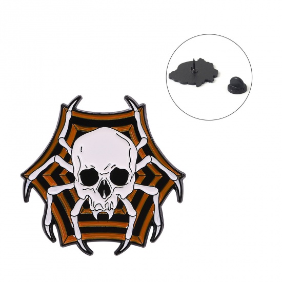 Picture of Halloween Pin Brooches Skeleton Skull Cobweb Multicolor Enamel 29mm x 29mm, 1 Piece