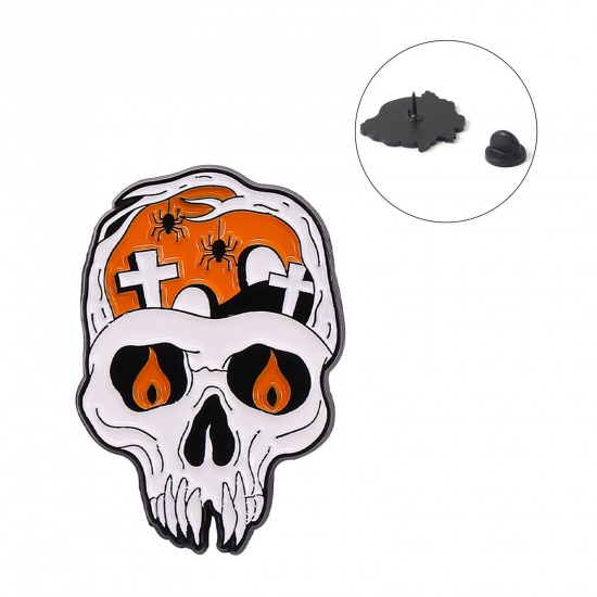 Picture of Halloween Pin Brooches Skeleton Skull Cross Multicolor Enamel 3cm x 20mm, 1 Piece