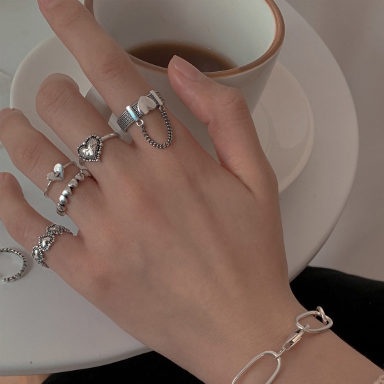 Picture of Simple Open Adjustable Rings Antique Silver Color Link Chain Heart 15mm - 19mm Dia., 1 Set ( 5 PCs/Set)