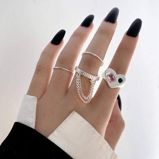 Picture of Simple Open Adjustable Rings Silver Tone Link Chain Heart Multicolor Rhinestone 15mm - 19mm Dia., 1 Set ( 4 PCs/Set)